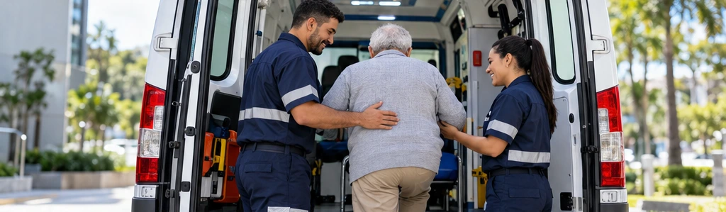 Imagem ilustrativa de equipe auxiliando um paciente junto à ambulância